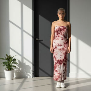 Women's Fashion Love Plus Size 3X Red White Tie-Dye Strapless Maxi Dress